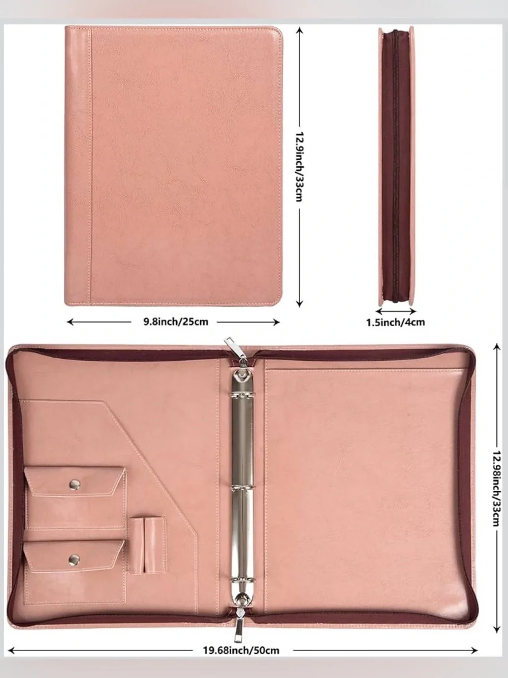 Pink 3 ring binder padfolio, vegan leather portfolio, leather document folder